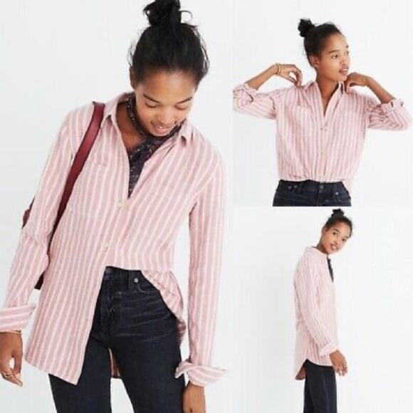 Madewell Craig Pink Stripe Ex Boyfriend Button Down Flannel Size XS - Picture 1 of 8